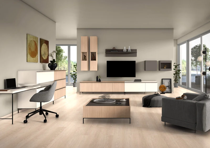 Inspiration EGGER — Séjour avec mobilier clair et tons bois, espace bureau et meuble de télévision.